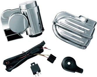 Kuryakyn Super Deluxe Wolo Bad Boy Horn Kit In Chrome Finish For Harley Davidson 1995-2023 Models With Cowbell & Waterfall Horn Cover (7743)