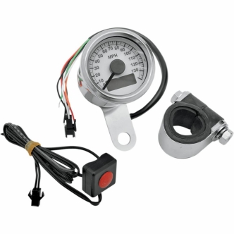 Drag Specialties 140 MPH Programmable Mini Electronic 1.87 Inch Speedometer With Odometer/Tripmeter In Polished Finish With White Face (21-6899WNU)