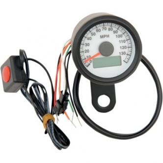 Drag Specialties 140 MPH Programmable Mini Electronic 1.87 Inch Speedometer With Odometer/Tripmeter In Matte Black Finish With White Face (21-6899BWNU)