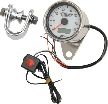 Drag Specialties 140 MPH Programmable Mini Electronic 2.4 Inch Speedometer With Odometer/Tripmeter In Polished Finish With White Face (21-6893DSWNU)