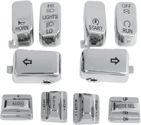 Drag Specialties Switch Cap Kit With Audio/Cruise-Control in Chrome Finish 10-Piece Control Switch Cap Kit For 1996-2013 Models (Except 2011-2013 Softail, 2012-2013 Dyna Glide) (H18-033700-C)