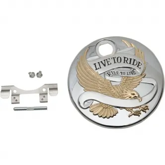 Drag Specialties Fuel Door Live to Ride in Chrome/Gold Finish For 1992-2007 FLHT/FLHX/FLTR Models (T22-0150CGA)