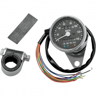 Drag Specialties 2.4 Inch Mechanical Speedometer 2:1 With LED Indicators in Chrome Black Face Finish (21-6838LEDPB)