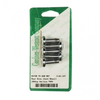 Gardner Westcott Brake Rotor Bolt Kit Flathead Torx Without Nuts Cast Wheel Models in Chrome Finish For 1992-2017 B.T. 1992-2022 XL, 2002-2017 VRod Models (ARM504799)