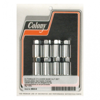 Colony Cylinder Base Nut Kit, High-Torque No Washers, Provides Extra Space For Big Bore Cylinders But Fits Stock Bore Equally Well in Chrome Finish For 1936-1984 B.T. Models (ARM087105)