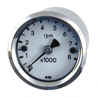 MMB Ultra Mini Tachometer 8000 RPM in White Finish Electrical Adjustable Ratio, Yellow Illuminated, Chrome Housing (ARM937049)