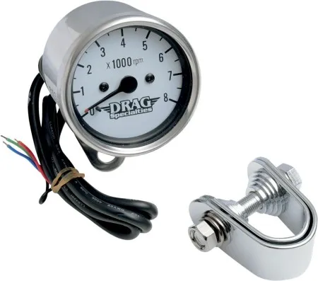 Drag Specialties 2.4 Inch Tachometer 8000 RPM Bulb Chrome, White Face For 1999-2003 Twin Cam, 1986-2003 XL Models (21-6930NUDS)