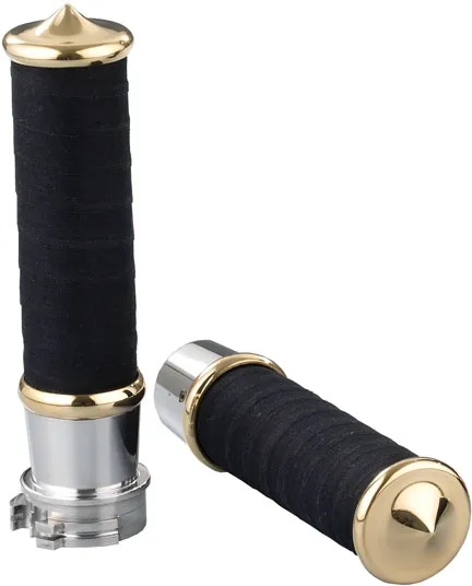 Kustom Tech Fabric Tape Style Grips In Polished Aluminium and Polished Brass End Cap For External Throttle (06-045)