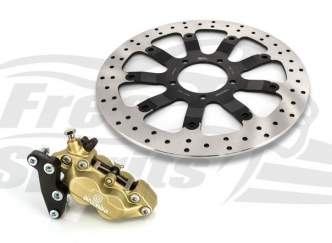 Free Spirits Bolt-In Upgrade 4 Piston Gold  Caliper & Braking Rotor Kit 340mm For Triumph Bobber, Street Scrambler & Bonneville T100 Models (303828)