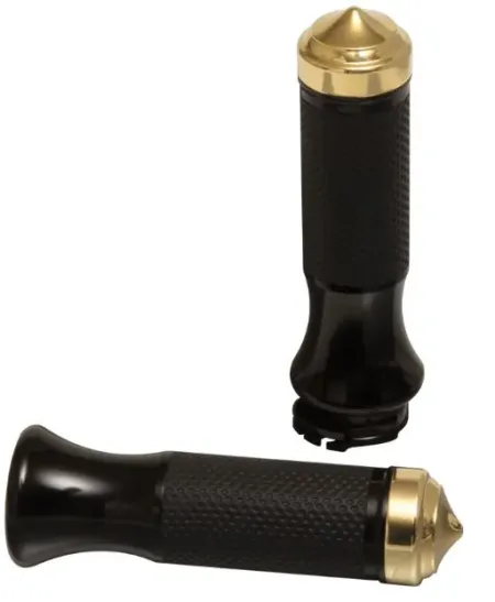 Rebuffini Cycles Omega Grips in Black Anodized & Brass Finish For 1974-2023 Harley Davidson Single And Dual Throttle Cable Models (000723N)