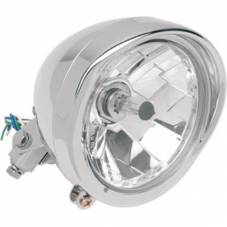 Drag Specialties Diamond Style Bottom Mount 15.5cm (5 3/4 Inch) ECE Approved Headlight Assembly With Visor Bezel In Chrome Finish With Clear Lens For Harley Davidson & Custom Motorcycles (20-0444E)
