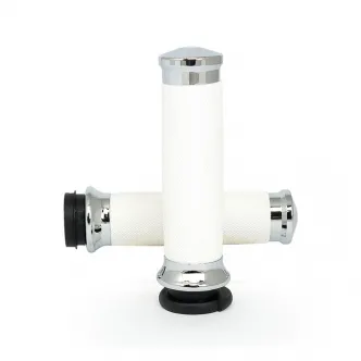 Avon Grips Custom Contour Grips In Chrome Finish With White Rubber For 2008-2023 Harley Davidson Motorcycles With E-Throttle (CC-85-CH-FL-WHI)