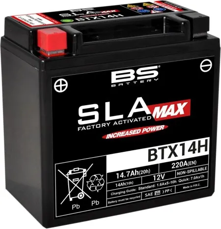 BS Battery BTX14H Max AGM Battery 220 CCA For 2002-2007 V-Rod 1130cc & 1994-2010 Buell S1/XB/Blast (300887)