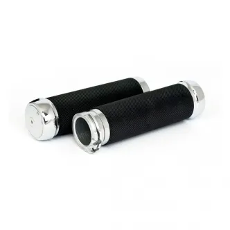Riverside Custom Knurled Billet Aluminium Grips In Black With Chrome End Caps For 1974-2023 Harley Davidson Single And Dual Throttle Cable Models (ARM410459)