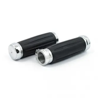 Riverside Custom Metal Billet Aluminium Grips In Black With Chrome End Caps For 1974-2023 Harley Davidson Single And Dual Throttle Cable Models (ARM610459)