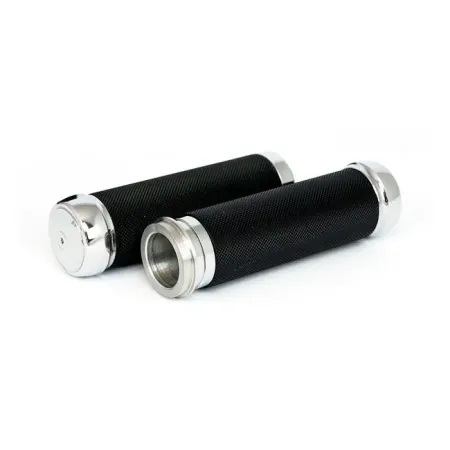 Riverside Custom Knurled Billet Aluminium Grips In Black With Chrome End Caps For 2008-2023 Harley Davidson Electronic Throttle Models (KHG-EXT-FLT)