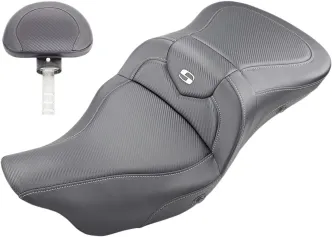 Saddlemen Heated Extended Reach Roadsofa CF 2-Up Seat With Driver's Backrest in Black For 2008-2023 FLHR, FLHT, FLHX & FLTR Models (808-07B-186BRHC)