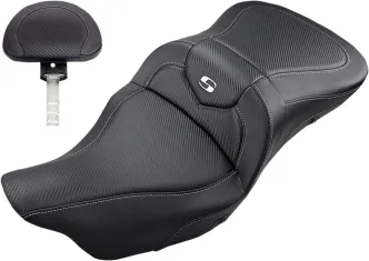 Saddlemen Heated Roadsofa CF 2-Up Seat With Drivers Backrest in Black For 2008-2023 FLHR, FLHT, FLHX & FLTR Models (808-07B-185BRHC)