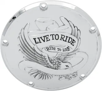 Drag Specialties 5 Hole 'Live To Ride' Derby Cover in Silver Finish For 1999-2017 Dyna, 1999-2018 Softail (Excl. 2018 FLSB), 1999-2015 Touring & Trike Models (Excl. 2015 FLHTCUL, FLHTKL) (33-0065CA)