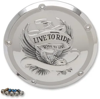 Drag Specialties 5 Hole 'Live To Ride' Derby Cover in Silver Finish For 2015 FLHTCUL/FLHTK, 2016-2023 Touring/Trike & 2024 FLHR, FLHTK, FLTRT Models (D33-0110CA)