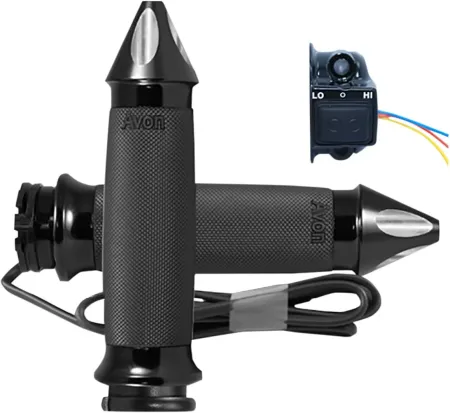 Avon Spike Heated Black/Silver Anodised Grips For HD Dual Throttle Cable Models With 1 inch Bars (CC-86-AN-SPK-HT)