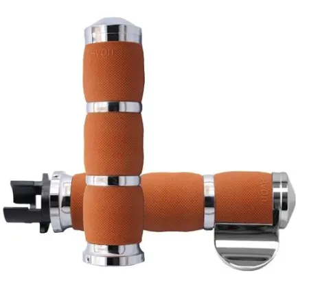 Avon Air Cushioned Medium Grips In Chrome With Tan Rubber With Throttle Boss For Indian 2015-2022 Scout Models (IN-S-AIR-C-TN-B)