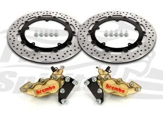 Free Spirits Bolt In Kit With 4 Piston Gold Calipers & Black Rotors 320mm For Harley Davidson 2007-2009 Touring & 2002-2010 V-Rod Models (203912GK)