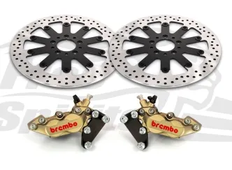 Free Spirits Bolt-In Kit With 4 Piston Gold Calipers & Black Rotors 320mm For Harley Davidson 2000-2023 Dual Disc Models (203915GK)