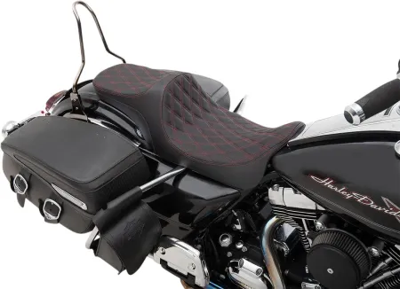 Drag Specialties Predator III Double Diamond Red Stitched 2-Up Seat For Harley Davidson 2008-2024 Touring Models (0801-1306)