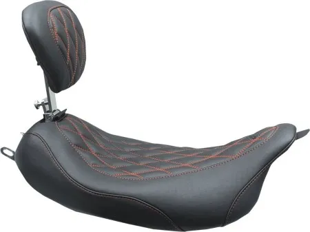 Mustang Wide Tripper Solo Seat With Drivers Backrest With Double Diamond Red Stitching For Harley Davidson 2008-2025 Touring Models (excl. 23-25 VVT Models) (79727AB)