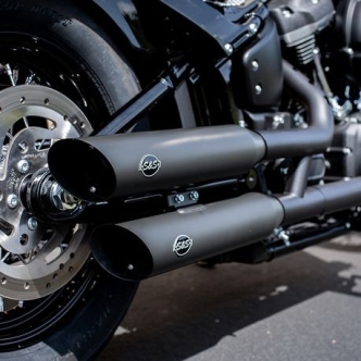 S&S Cycles Slash Cut Slip On Mufflers In Black For Harley Davidson 2018-2023 M8 Softail Models (550-0752B)