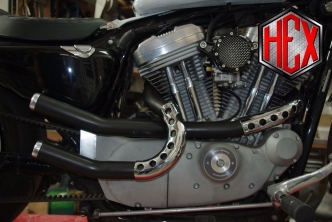 Hex Track 1 Exhaust in Black Finish With Chrome Perforated Heat Shields and Billet Aluminium Tips For Harley Davidson 1999-2022 Sportster Models