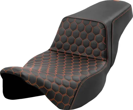 Saddlemen Honeycomb Extended Reach Step-Up Seat With Orange Stitching For Harley Davidson 2008-2024 FLHR, FLHT, FLHX & FLTR Touring Models (A808-07B-178ORA)