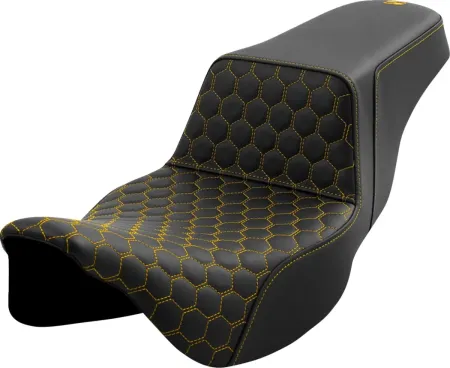 Saddlemen Honeycomb Extended Reach Step-Up Seat With Gold Stitching For Harley Davidson 2008-2024 FLHR, FLHT, FLHX & FLTR Touring Models (A808-07B-178GOL)