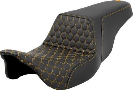 Saddlemen Honeycomb Step-Up Seat With Gold Stitching For Harley Davidson 2008-2024 FLHR, FLHT, FLHX & FLTR Touring Models (A808-07B-177GOL)