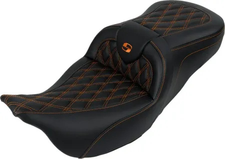 Saddlemen Roadsofa Lattice Stitched Seat With Orange Stitching For Harley Davidson 2008-2024 FLHR, FLHT, FLHX & FLTR Touring Models (A808-07R-182ORA)