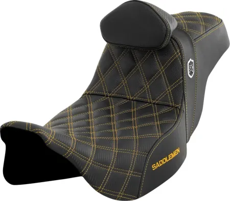 Saddlemen Pro Series SDC Performance Grip Seat With Driver Backrest And Gold Stitching For Harley Davidson 2008-2023 FLHR, FLHT, FLHX & FLTR Touring Models (SC80807GOLRT)