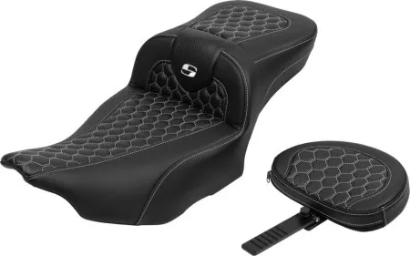 Saddlemen Extended Reach Honeycomb Roadsofa Seat With Drivers Backrest With White Stitching For Harley Davidson 2024-2025 FLHX Street Glide/CVO & FLTRX Road Glide/CVO Models (823-07-190B6)