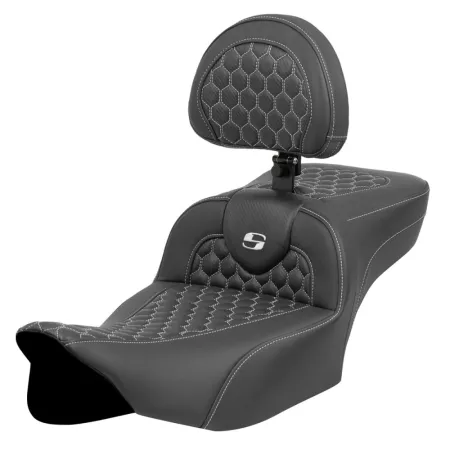 Saddlemen Extended Reach Honeycomb Roadsofa Seat With Drivers Backrest With White Stitching For Harley Davidson 2024-2025 FLHX Street Glide/CVO & FLTRX Road Glide/CVO Models (823-07-190B6)