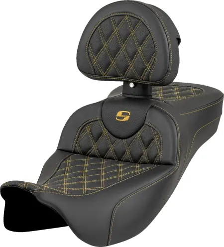 Saddlemen Extended Reach Lattice Stitched Roadsofa Seat With Drivers Backrest With Gold Stitching For Harley Davidson 2008-2024 Touring FLHR, FLHT, FLHX & FLTR Touring Models (Does Not Fit 2023-2025 CVO Models) (808-07B-184B7)