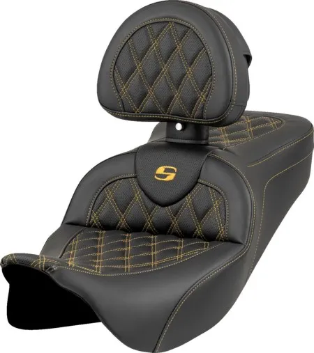 Saddlemen Lattice Stitched Roadsofa Seat With Drivers Backrest With Gold Stitch For Harley Davidson 2008-2024 Touring FLHR, FLHT, FLHX & FLTR Touring Models (Does Not Fit 2023-2025 CVO Models) (808-07B-182B7)