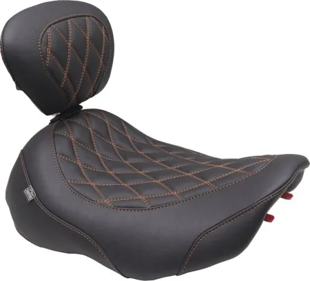 Mustang Wide Tripper Double Diamond Solo Seat With Drivers Backrest In Black With Mandarin Orange Stitching For Harley Davidson 2023-2025 Touring FLHX Street Glide & FLTR Road Glide Models (89503MO)