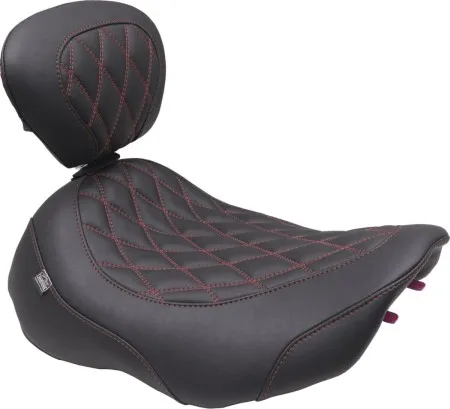 Mustang Wide Tripper Double Diamond Solo Seat With Drivers Backrest In Black With Dark Cherry Stitching For Harley Davidson 2023-2025 Touring FLHX Street Glide & FLTR Road Glide Models (89503DC)