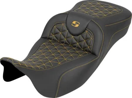 Saddlemen Extended Reach Tri Gripper Roadsofa Seat With Gold Stitching Without Drivers Backrest For Harley Davidson 2008-2024 FLHR, FLHT, FLHX & FLTR Touring Models (Does Not Fit 2023-2024 CVO Models) (808-07B-21107)