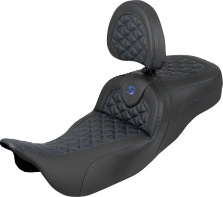 Saddlemen Extended Reach Tri-Gripper RoadSofa Seat With Blue Stitching With Drivers Backrest Harley Davidson 2008-2024 FLHR, FLHT, FLHX & FLTR Touring Models (Does Not Fit 2023-2024 CVO Models) (808-07B-211B1)