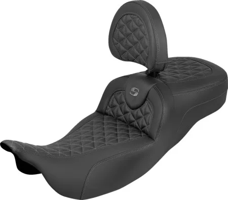 Saddlemen Extended Reach Tri-Gripper RoadSofa Seat With Grey Stitching With Drivers Backrest Harley Davidson 2008-2024 FLHR, FLHT, FLHX & FLTR Touring Models (Does Not Fit 2023-2024 CVO Models) (808-07B-211B2)