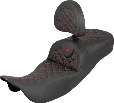 Saddlemen Extended Reach Tri-Gripper RoadSofa Seat With Red Stitching With Drivers Backrest Harley Davidson 2008-2024 FLHR, FLHT, FLHX & FLTR Touring Models (Does Not Fit 2023-2024 CVO Models) (808-07B-211B4)