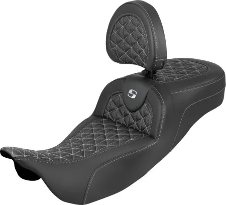 Saddlemen Extended Reach Tri-Gripper RoadSofa Seat With Silver Stitching With Drivers Backrest Harley Davidson 2008-2024 FLHR, FLHT, FLHX & FLTR Touring Models (Does Not Fit 2023-2024 CVO Models) (808-07B-211B5)