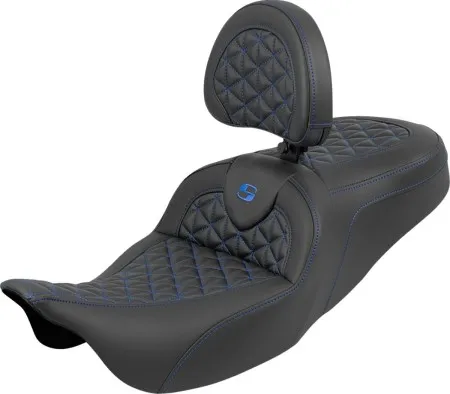 Saddlemen Standard Reach Tri-Gripper RoadSofa Seat With Blue Stitching With Drivers Backrest Harley Davidson 2008-2024 FLHR, FLHT, FLHX & FLTR Touring Models (808-07B-210B1)