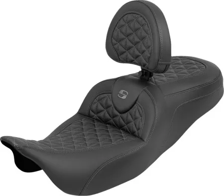 Saddlemen Standard Reach Tri-Gripper RoadSofa Seat With Grey Stitching With Drivers Backrest Harley Davidson 2008-2024 FLHR, FLHT, FLHX & FLTR Touring Models (808-07B-210B2)